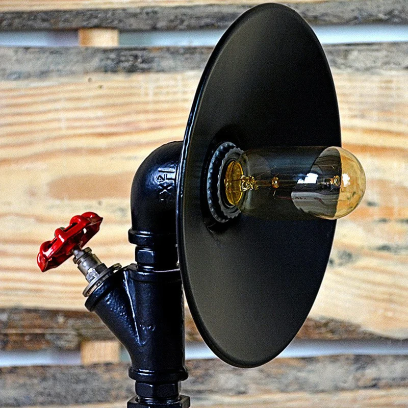Industriële nachtlamp met uitlopende schaduw, ijzeren tafellamp met 1 lamp zwart met decoratieve rode klep Clearhalo