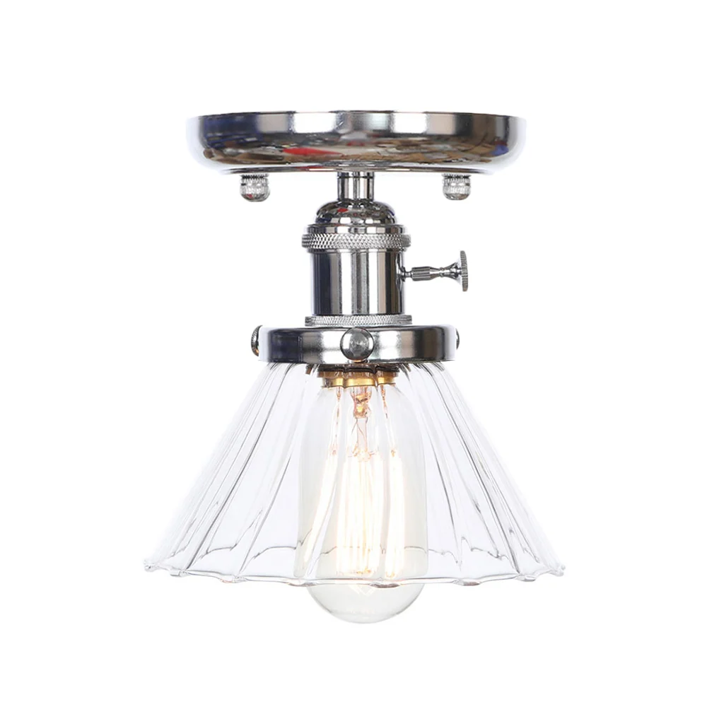 Industriële plafondlamp van helder/amberkleurig glas met 1 lamp, semi-inbouw, kegel/bel/ruit, chroom Clearhalo