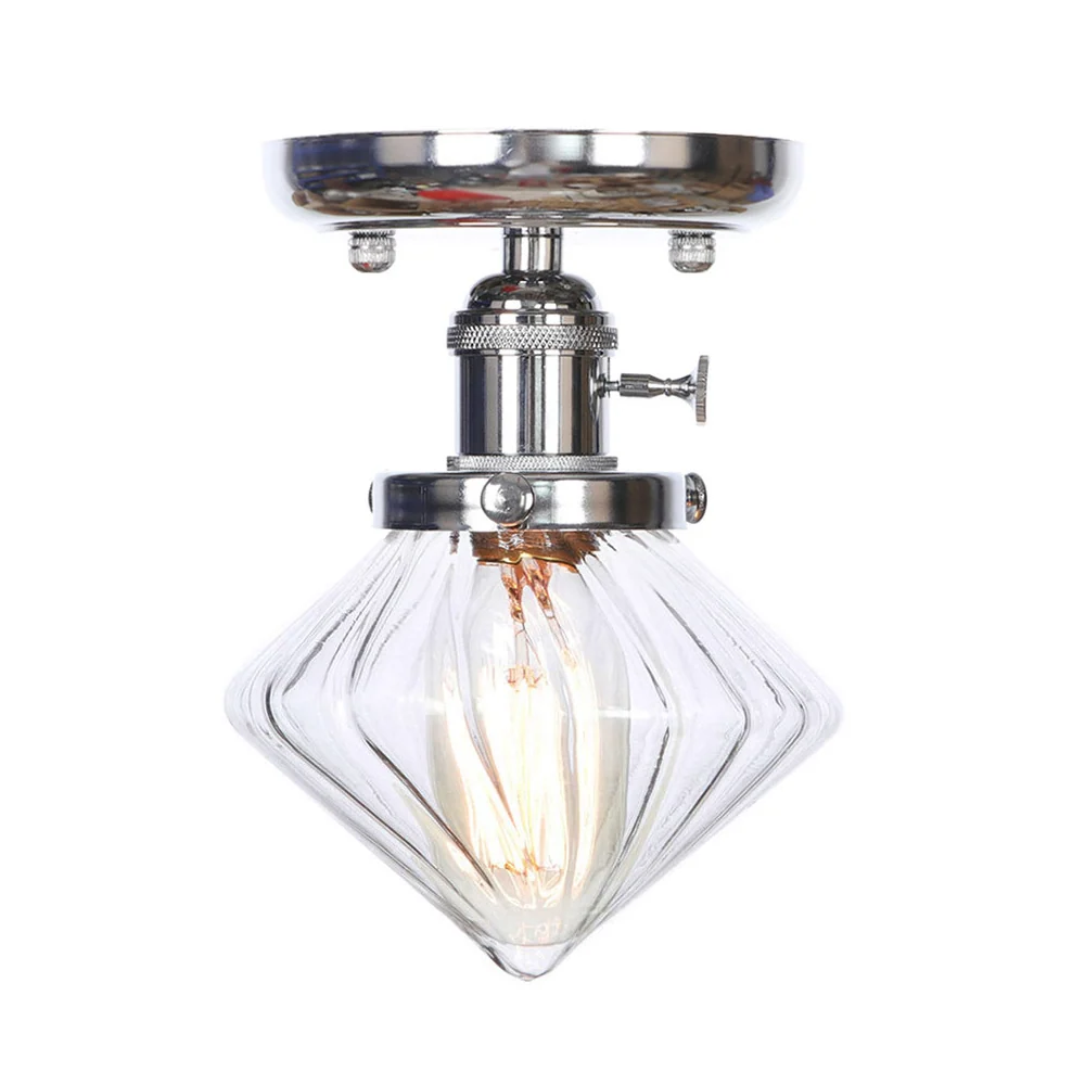 Industriële plafondlamp van helder/amberkleurig glas met 1 lamp, semi-inbouw, kegel/bel/ruit, chroom Clearhalo