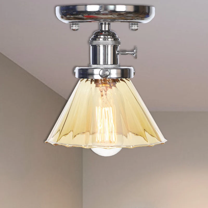Industriële plafondlamp van helder/amberkleurig glas met 1 lamp, semi-inbouw, kegel/bel/ruit, chroom Clearhalo