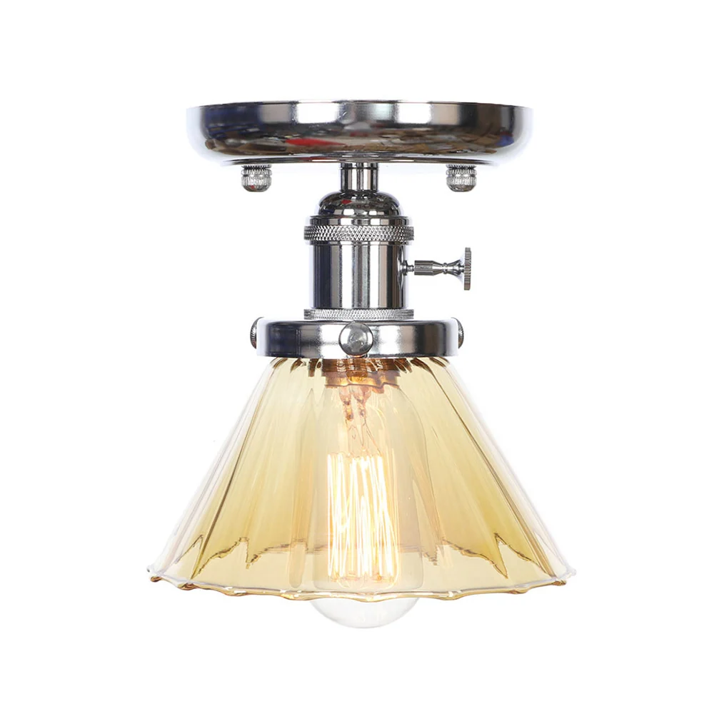Industriële plafondlamp van helder/amberkleurig glas met 1 lamp, semi-inbouw, kegel/bel/ruit, chroom Clearhalo