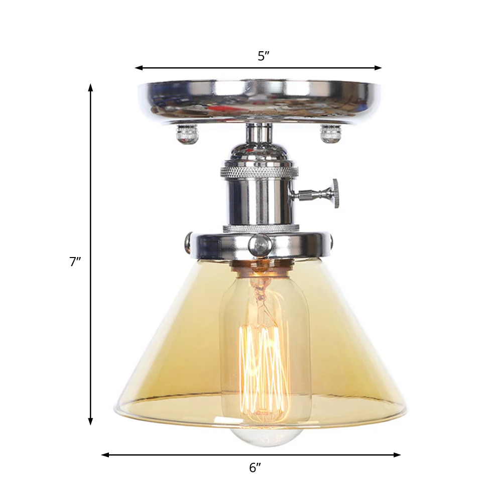 Industriële plafondlamp van helder/amberkleurig glas met 1 lamp, semi-inbouw, kegel/bel/ruit, chroom Clearhalo