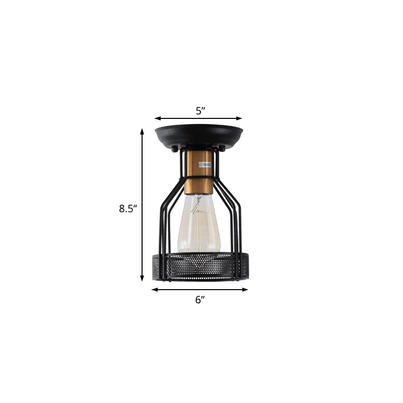 Industriële plafondlamp van metaal met enkele lamp, semi-inbouw, zwart met gaas Clearhalo