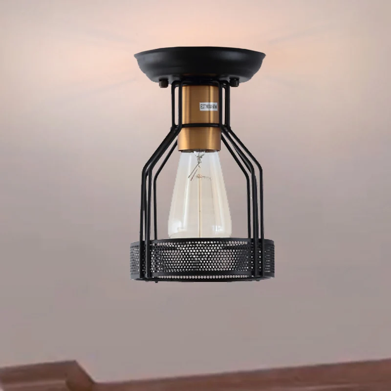 Industriële plafondlamp van metaal met enkele lamp, semi-inbouw, zwart met gaas Clearhalo