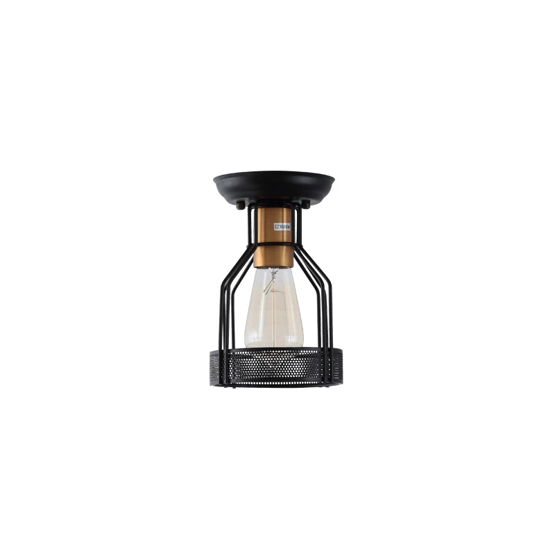 Industriële plafondlamp van metaal met enkele lamp, semi-inbouw, zwart met gaas Clearhalo