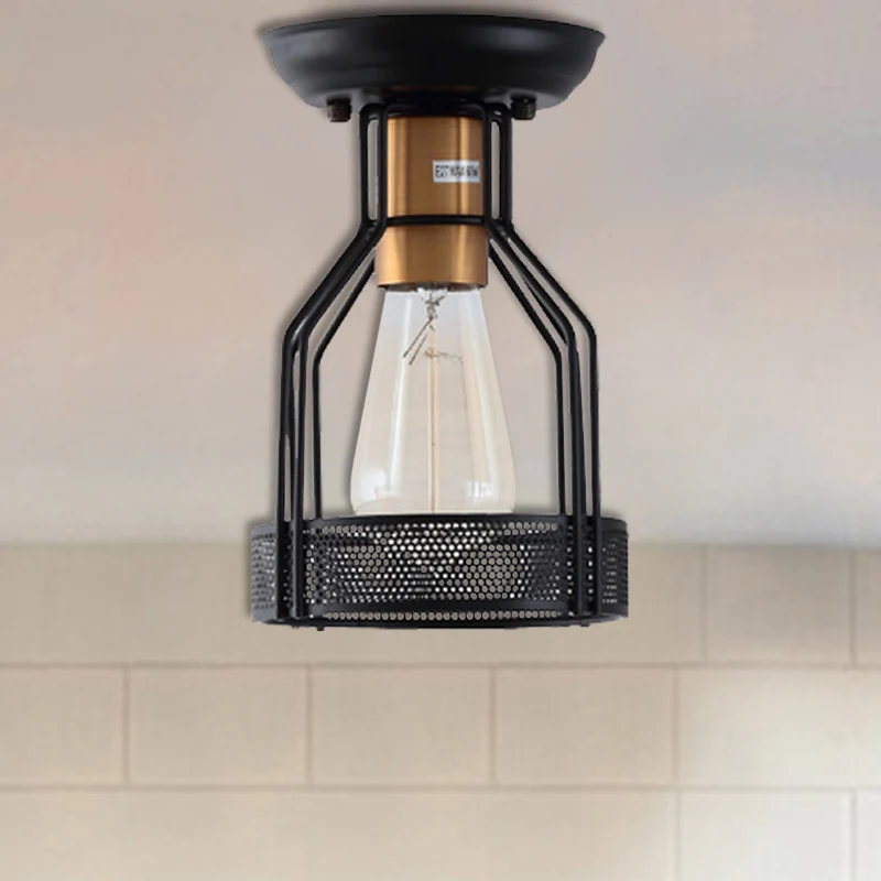 Industriële plafondlamp van metaal met enkele lamp, semi-inbouw, zwart met gaas Clearhalo
