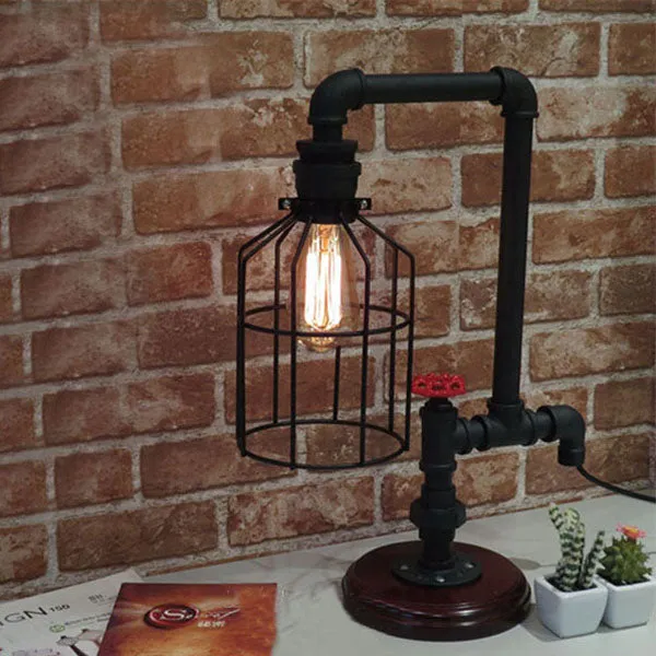 Industriële staande tafellamp Vogelkooi met pijp en klep 1 lichtmetalen tafellamp zwart Clearhalo