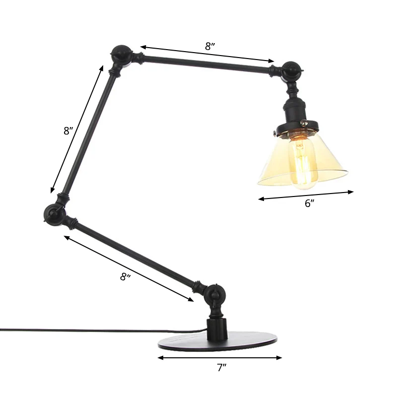 Industriële stijl conische tafellamp amber/helder glas en metaal 1-lichts slaapkamertafellamp met verstelbare arm zwart/me...