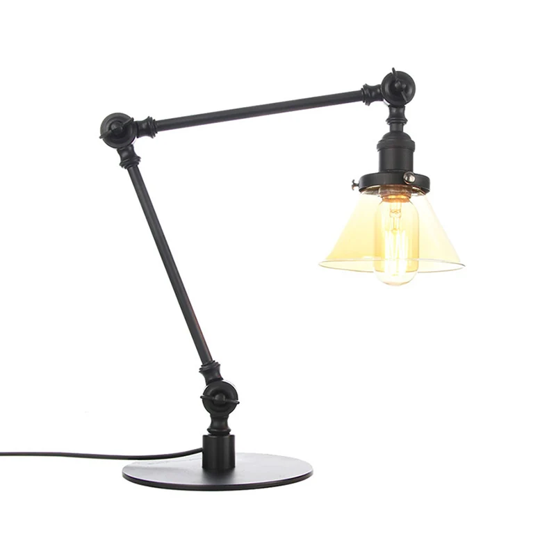 Industriële stijl conische tafellamp amber/helder glas en metaal 1-lichts slaapkamertafellamp met verstelbare arm zwart/me...