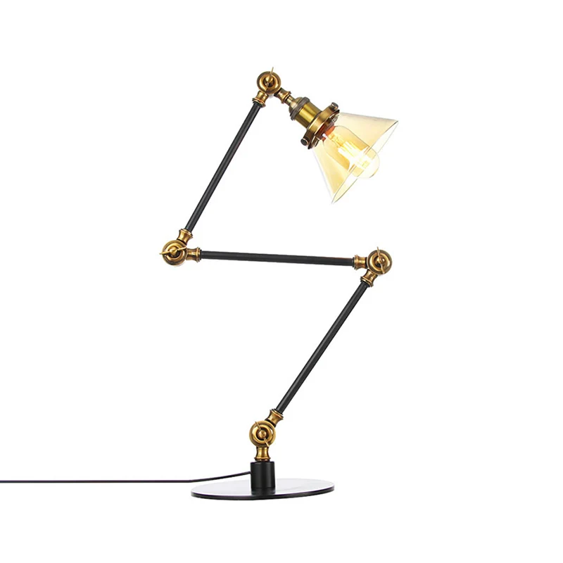 Industriële stijl conische tafellamp amber/helder glas en metaal 1-lichts slaapkamertafellamp met verstelbare arm zwart/me...
