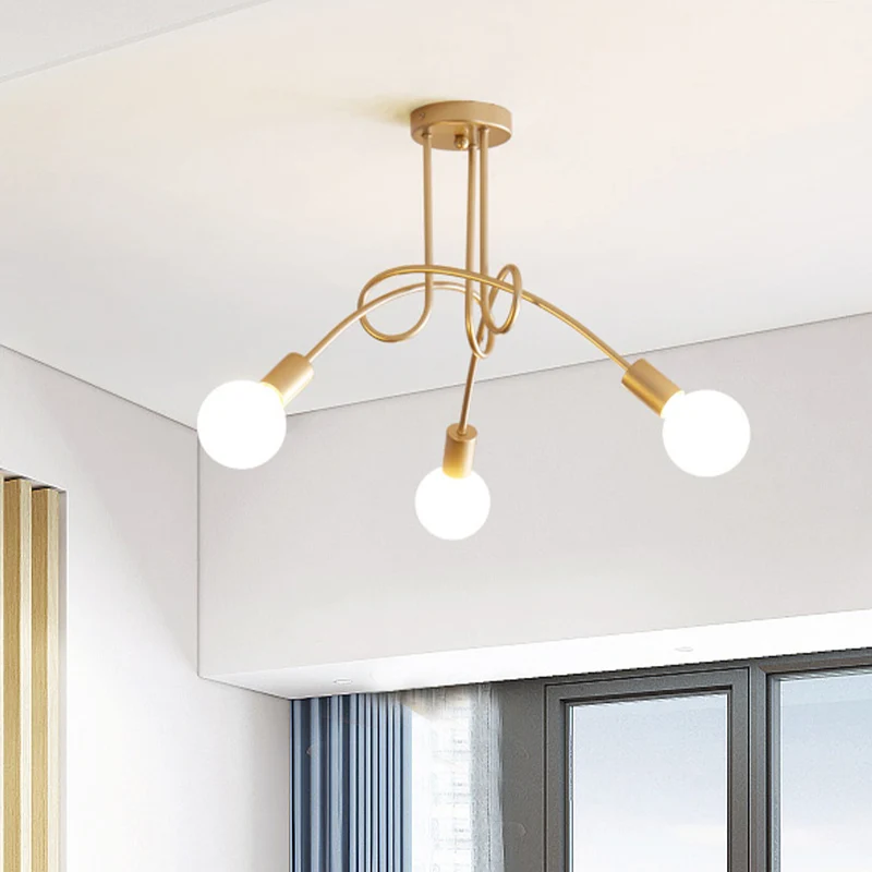 Industriële stijl, gedraaid, semi-inbouwlamp, 3-lichts metalen plafondlamp met kale lamp messing Clearhalo