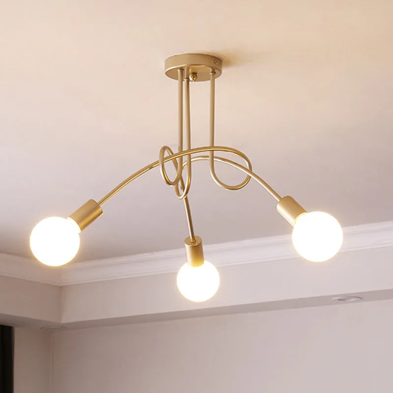 Industriële stijl, gedraaid, semi-inbouwlamp, 3-lichts metalen plafondlamp met kale lamp messing Clearhalo