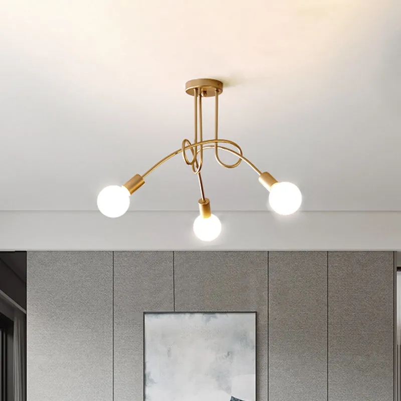 Industriële stijl, gedraaid, semi-inbouwlamp, 3-lichts metalen plafondlamp met kale lamp messing Clearhalo