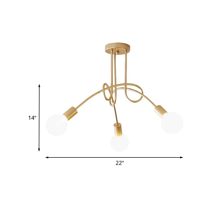 Industriële stijl, gedraaid, semi-inbouwlamp, 3-lichts metalen plafondlamp met kale lamp messing Clearhalo