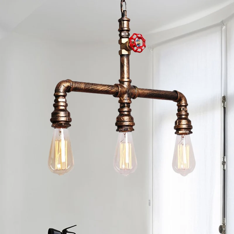 Industriële Tubing Island-kroonluchterlamp met ventielwiel 3 lampen Metalen eilandhanglamp antiek messing Clearhalo
