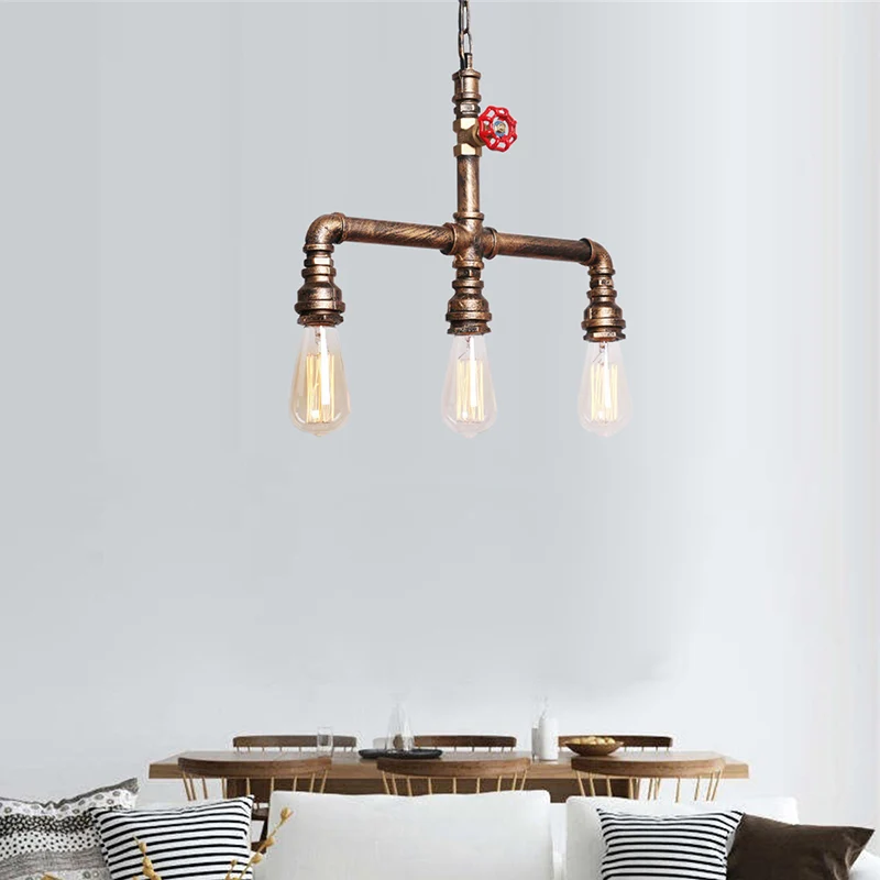 Industriële Tubing Island-kroonluchterlamp met ventielwiel 3 lampen Metalen eilandhanglamp antiek messing Clearhalo