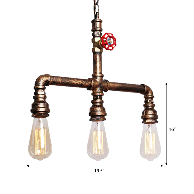 Industriële Tubing Island-kroonluchterlamp met ventielwiel 3 lampen Metalen eilandhanglamp antiek messing Clearhalo