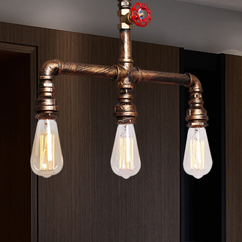 Industriële Tubing Island-kroonluchterlamp met ventielwiel 3 lampen Metalen eilandhanglamp antiek messing Clearhalo