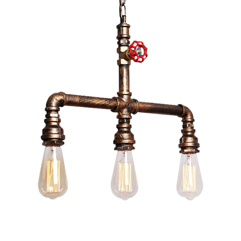 Industriële Tubing Island-kroonluchterlamp met ventielwiel 3 lampen Metalen eilandhanglamp antiek messing Clearhalo