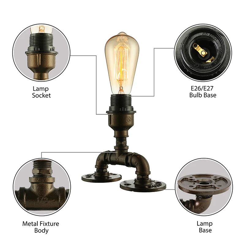 Industriële zichtbare tafelverlichting met pijpontwerp 1 kop metalen staande lamp zwart voor koffiebar Clearhalo