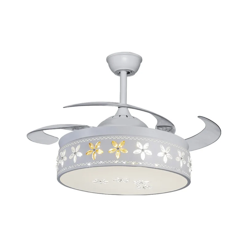 Ingebouwde kristallen bloem LED-plafondventilator, eenvoudige stijl, witte hanglampenset met 4 bladen Clearhalo