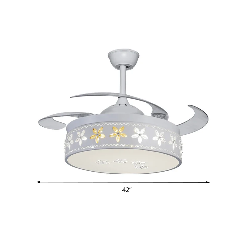 Ingebouwde kristallen bloem LED-plafondventilator, eenvoudige stijl, witte hanglampenset met 4 bladen Clearhalo