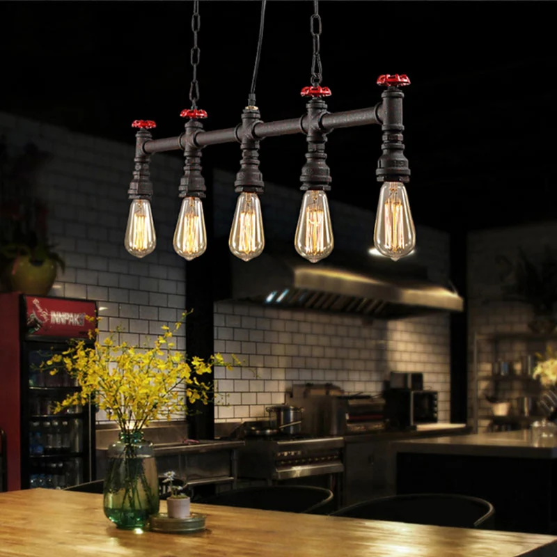 Iron Bare Bulb Island Lighting Industriële 5-koppige eetkamer verstelbare plafondlamp met pijp en klep Clearhalo