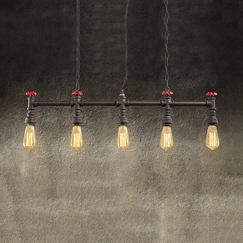Iron Bare Bulb Island Lighting Industriële 5-koppige eetkamer verstelbare plafondlamp met pijp en klep Clearhalo