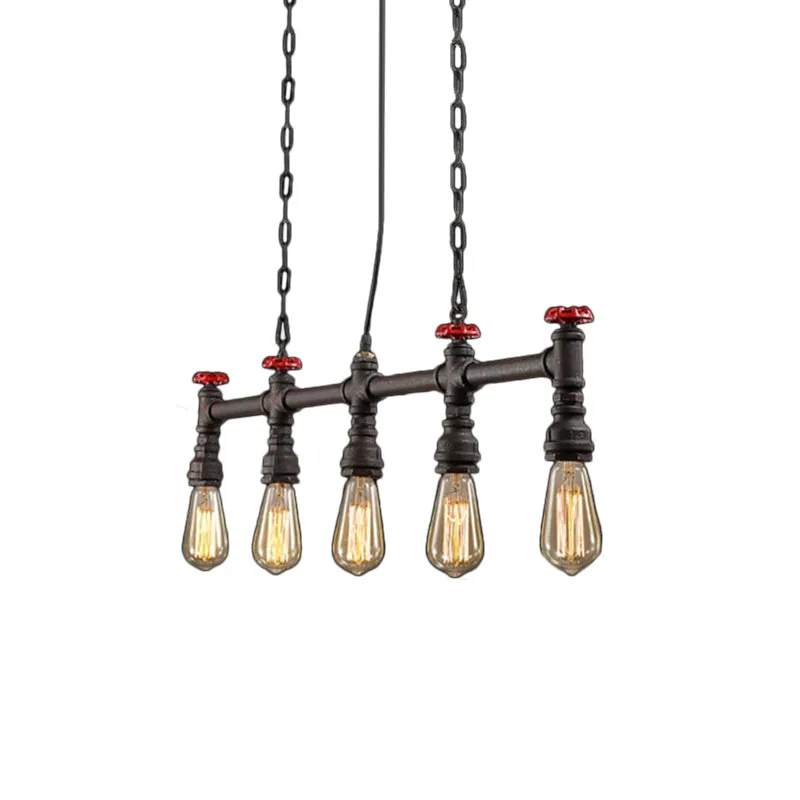 Iron Bare Bulb Island Lighting Industriële 5-koppige eetkamer verstelbare plafondlamp met pijp en klep Clearhalo