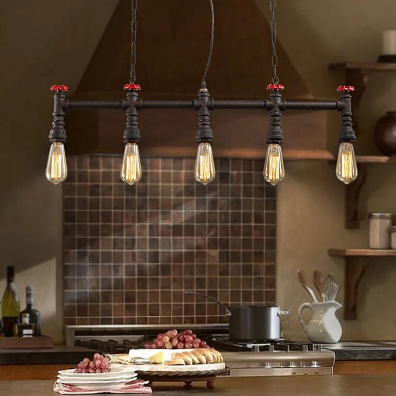 Iron Bare Bulb Island Lighting Industriële 5-koppige eetkamer verstelbare plafondlamp met pijp en klep Clearhalo