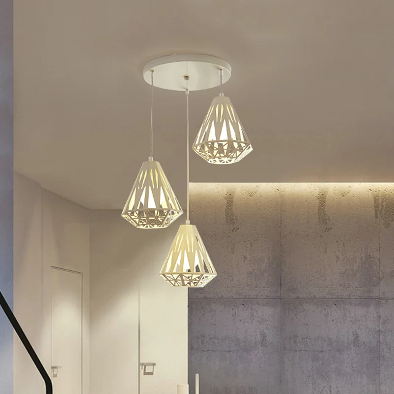 Iron Diamond Cage Multi Light Hanglamp Modernisme 3 Hoofden Witte Afwerking Plafondlamp Clearhalo