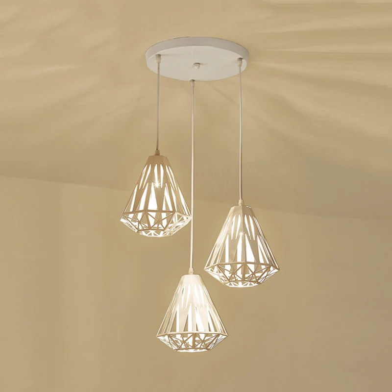 Iron Diamond Cage Multi Light Hanglamp Modernisme 3 Hoofden Witte Afwerking Plafondlamp Clearhalo