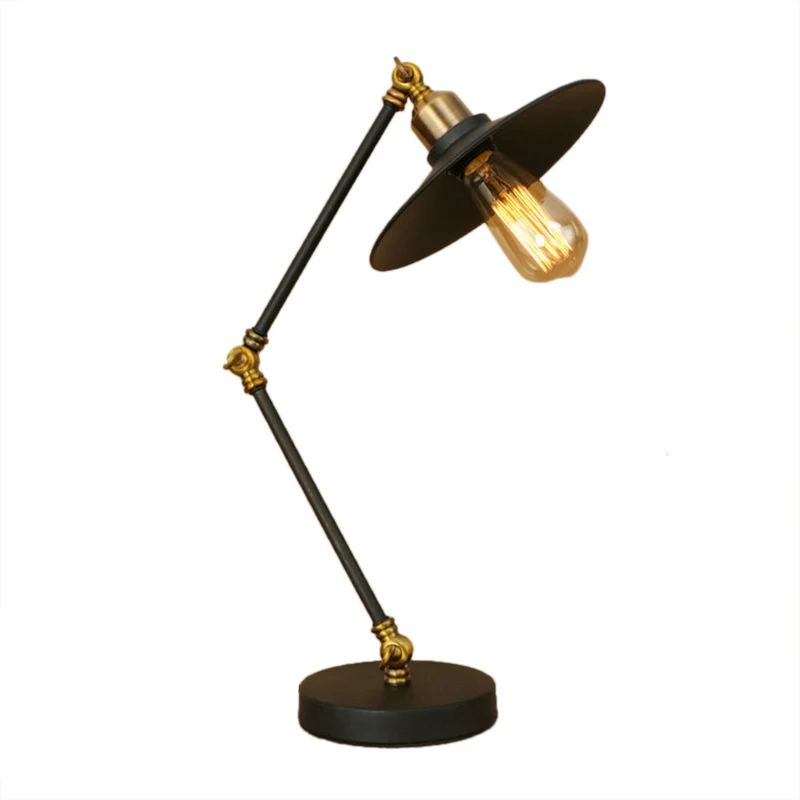 Iron Flat Shade Bureaulamp Industrieel 1 Kop Woonkamer Zwart Staande Bureaulamp met verstelbare arm Clearhalo