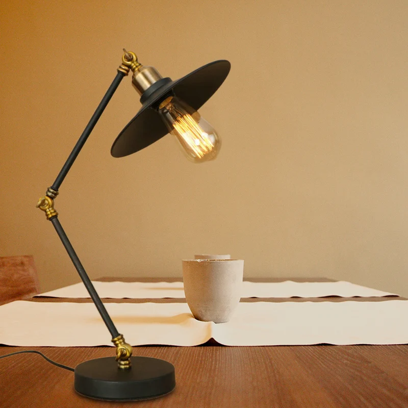 Iron Flat Shade Bureaulamp Industrieel 1 Kop Woonkamer Zwart Staande Bureaulamp met verstelbare arm Clearhalo