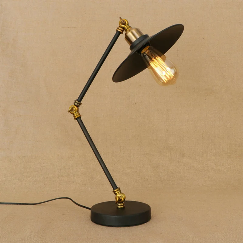Iron Flat Shade Bureaulamp Industrieel 1 Kop Woonkamer Zwart Staande Bureaulamp met verstelbare arm Clearhalo