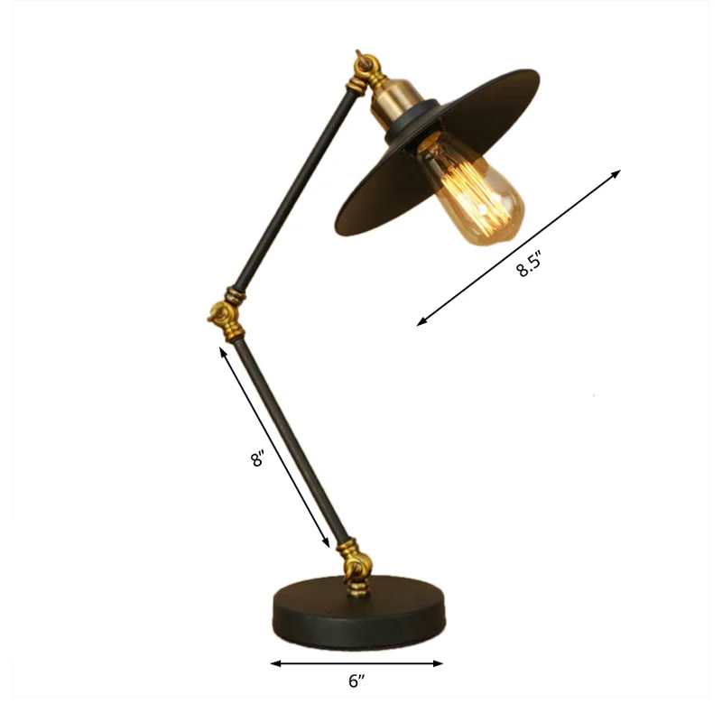 Iron Flat Shade Bureaulamp Industrieel 1 Kop Woonkamer Zwart Staande Bureaulamp met verstelbare arm Clearhalo