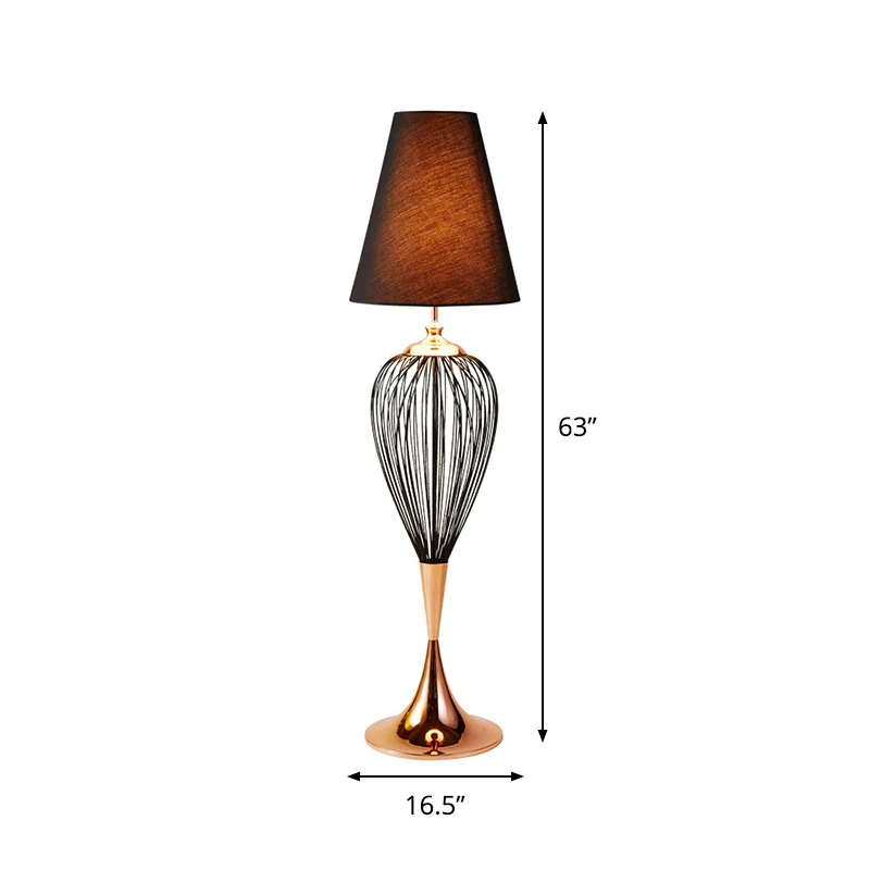 Iron Teardrop Cage staande lamp modernistische 1-kops vloerlamp zwart met kegelvormige stoffen kap Clearhalo