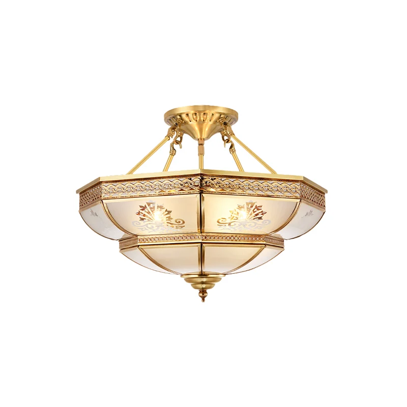 Ivoorkleurig glas messing plafondinbouwkom 4 hoofden kolonialistische semi-gemonteerde verlichting voor woonkamer Clearhalo