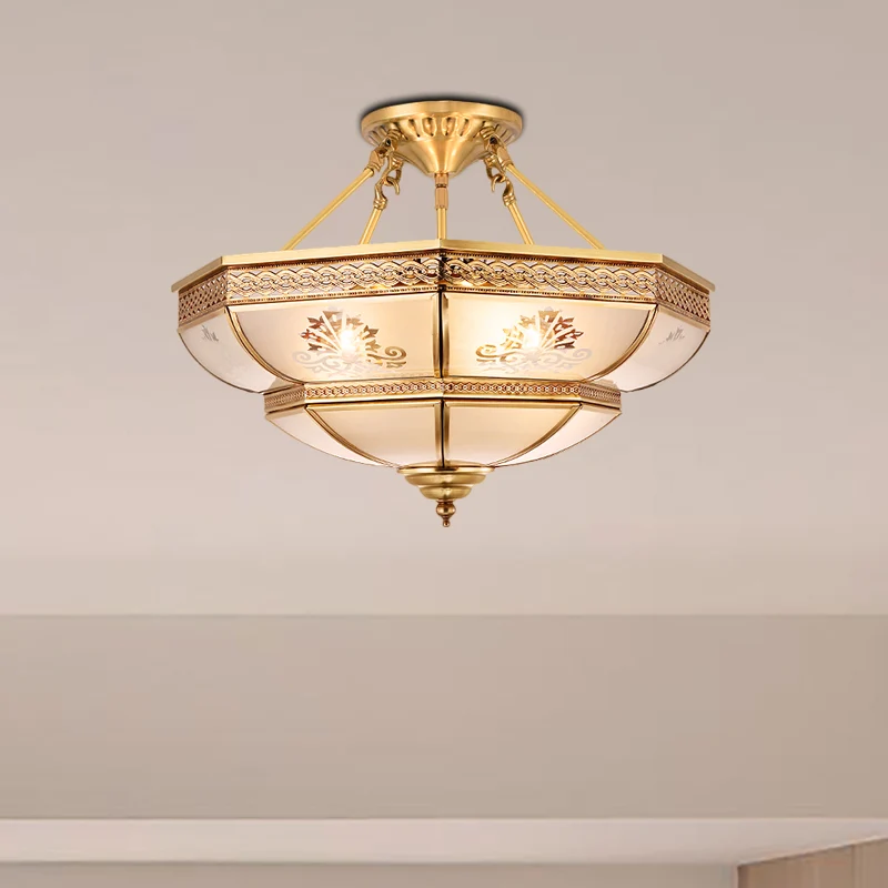 Ivoorkleurig glas messing plafondinbouwkom 4 hoofden kolonialistische semi-gemonteerde verlichting voor woonkamer Clearhalo