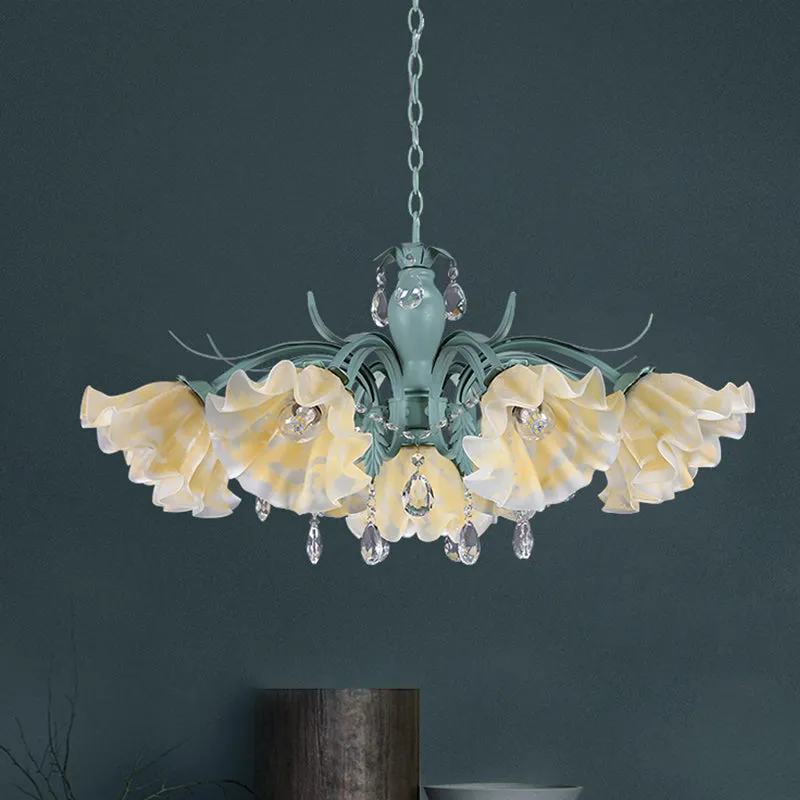 Ivoorkleurige glazen blauwe hangende verlichting Geschulpte 4/7/9 hoofden Koreaanse bloemkroonluchter met kristallen drupp...