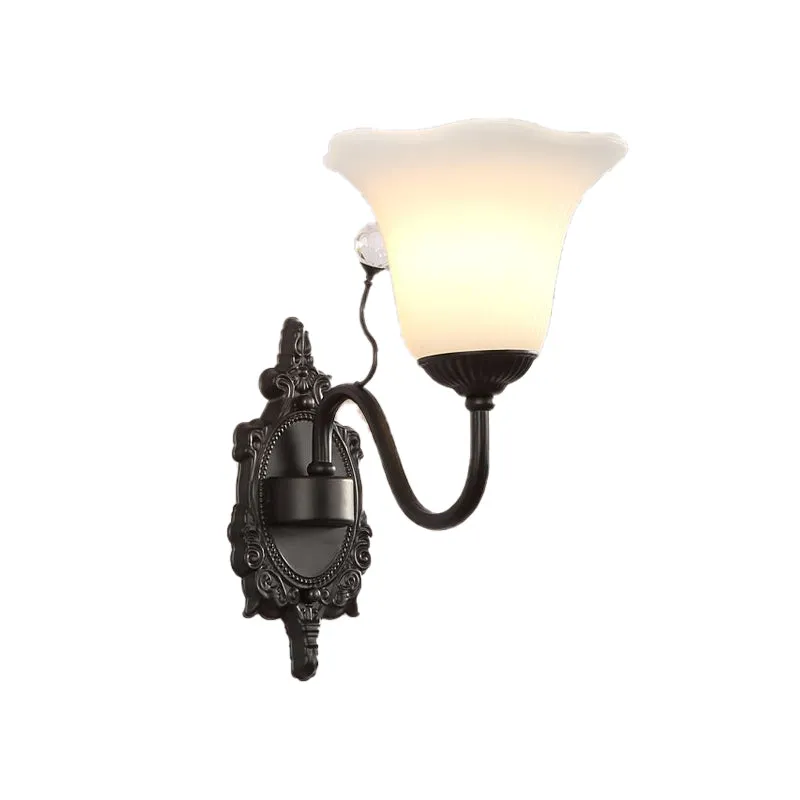 Ivoorkleurige glazen zwarte wandlamp Bloem 1/2-licht Rustiek wandgemonteerd lichtarmatuur met kristallen accent voor hal C...