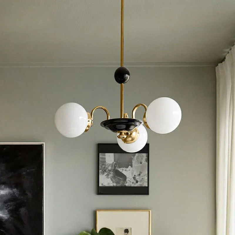Ivoren glazen bolkroonluchter postmodern zwart en messing hangende verlichting voor eetkamer Clearhalo