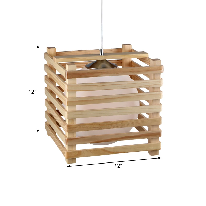 Japanse Globe hanglamp van wit glas met 1 lichtset en houten kubieke kooi voor eetkamer Clearhalo