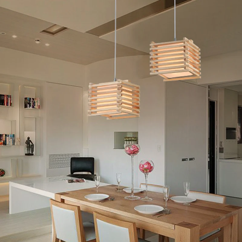 Japanse Globe hanglamp van wit glas met 1 lichtset en houten kubieke kooi voor eetkamer Clearhalo