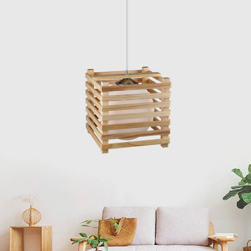 Japanse Globe hanglamp van wit glas met 1 lichtset en houten kubieke kooi voor eetkamer Clearhalo