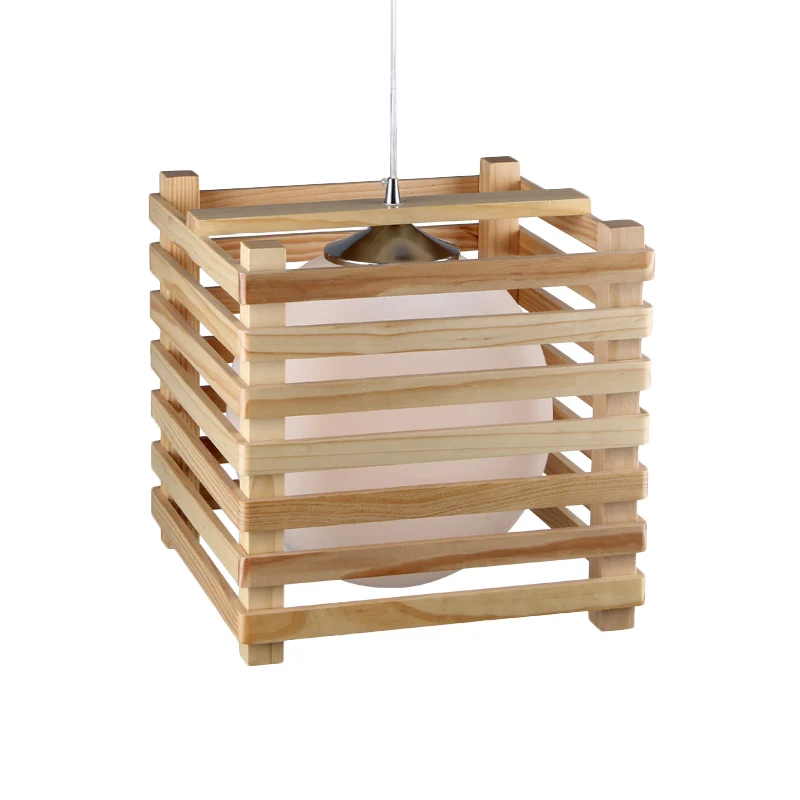Japanse Globe hanglamp van wit glas met 1 lichtset en houten kubieke kooi voor eetkamer Clearhalo