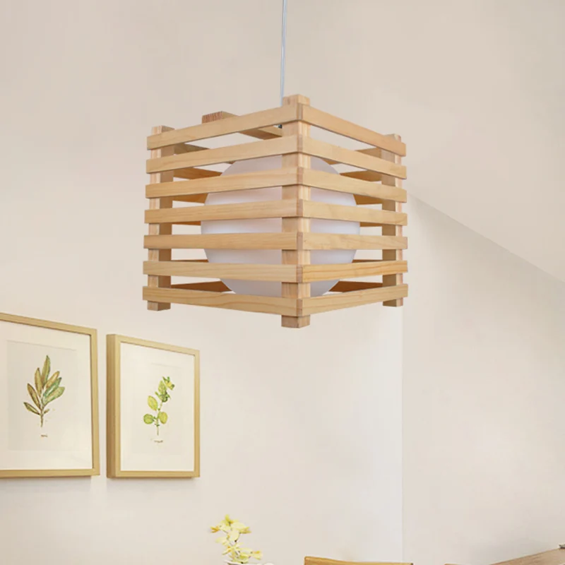 Japanse Globe hanglamp van wit glas met 1 lichtset en houten kubieke kooi voor eetkamer Clearhalo