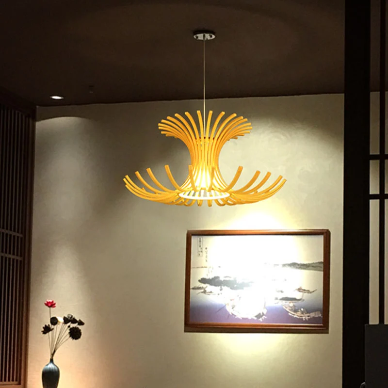 Japanse hanglamp met 1 kop, beige uitlopende hangende verlichtingsarmatuur met bamboe kap Clearhalo