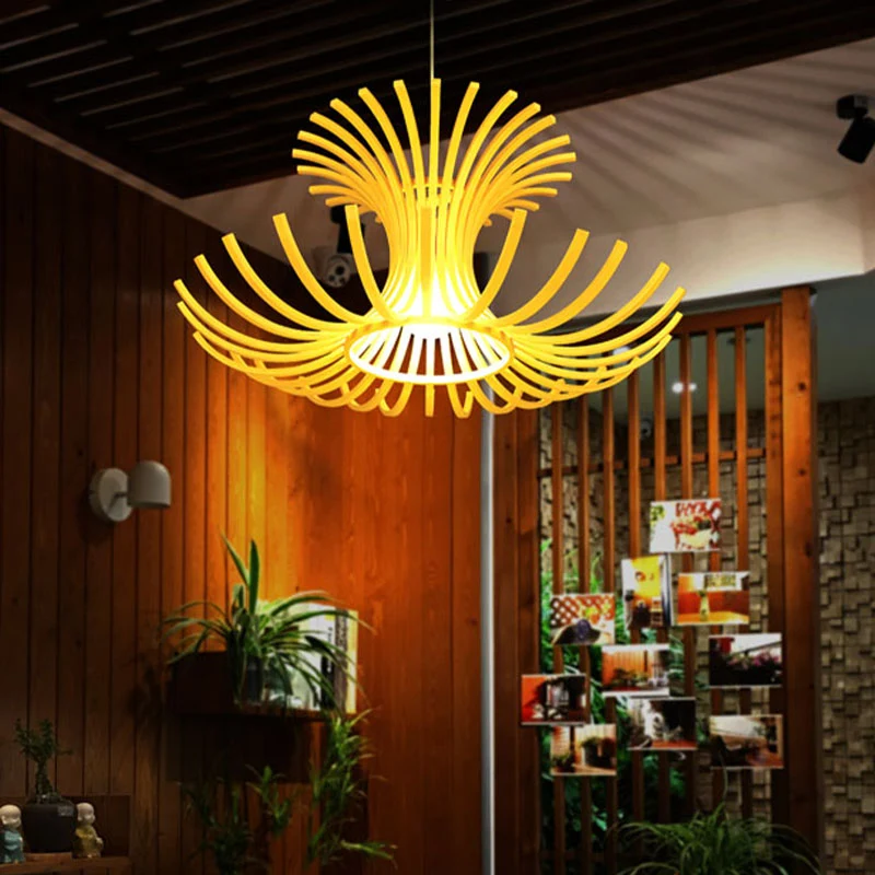 Japanse hanglamp met 1 kop, beige uitlopende hangende verlichtingsarmatuur met bamboe kap Clearhalo