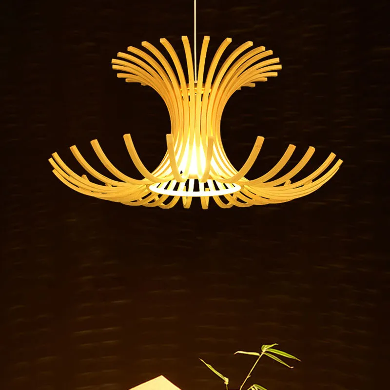 Japanse hanglamp met 1 kop, beige uitlopende hangende verlichtingsarmatuur met bamboe kap Clearhalo